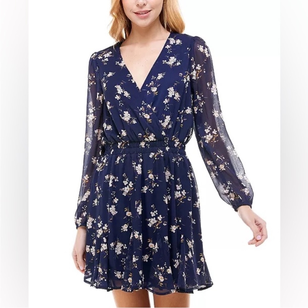 TRIXXI CLOTHING CO BLUE FLORAL LONG SLEEVE LINED MINI DRESS SIZE XS